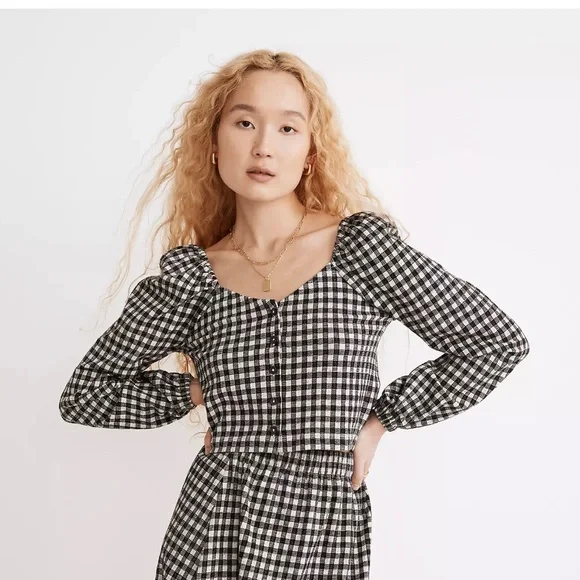 NWT Madewell Puffed-Sleeve Gingham Cropped Top - Picture 2 of 5